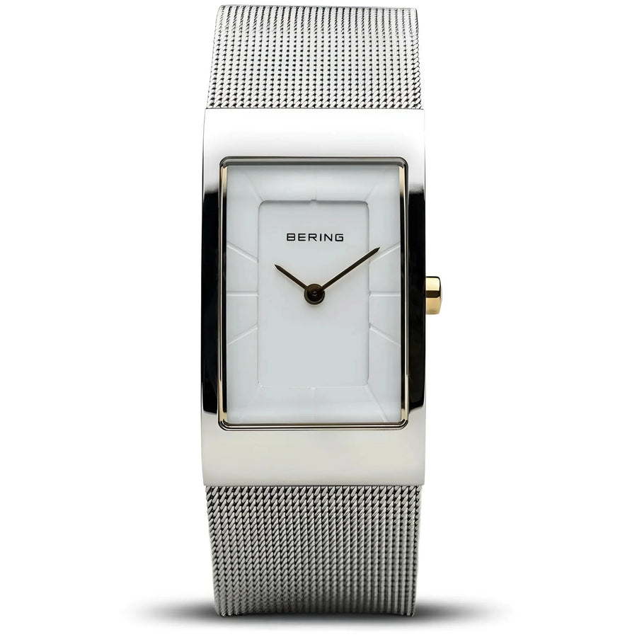 Dameshorloge Bering 10222-010-S wit rechthoekig met zilveren mesh band