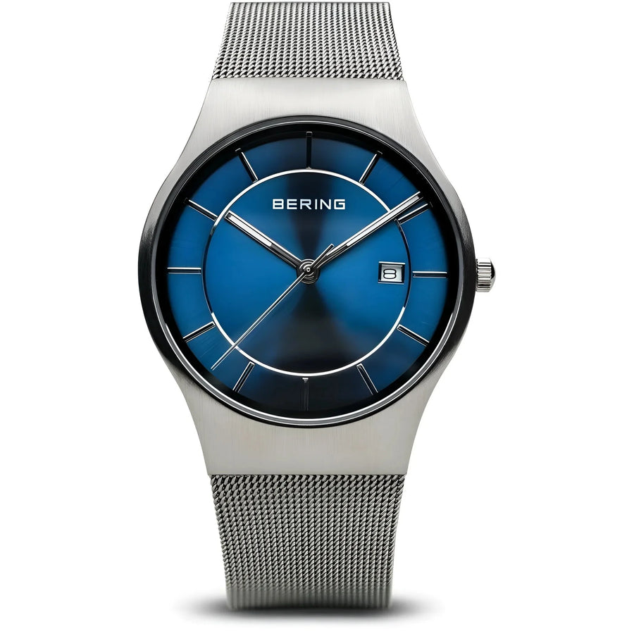 Bering herenhorloge 11938-003 met roestvrijstalen mesh en blauw gradient wijzerplaat