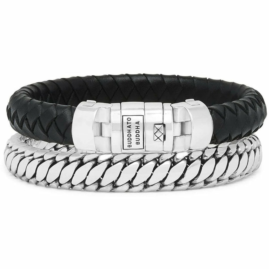 Zwarte geweven leren Buddha to Buddha armband 008BL met zilveren ketting en magneetsluiting