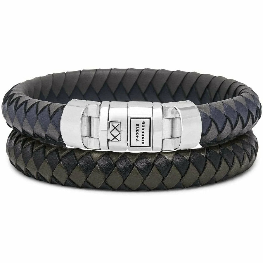 Zwarte geweven leren Buddha to Buddha armband 010MIX met zilveren sluiting en gegraveerde tekst