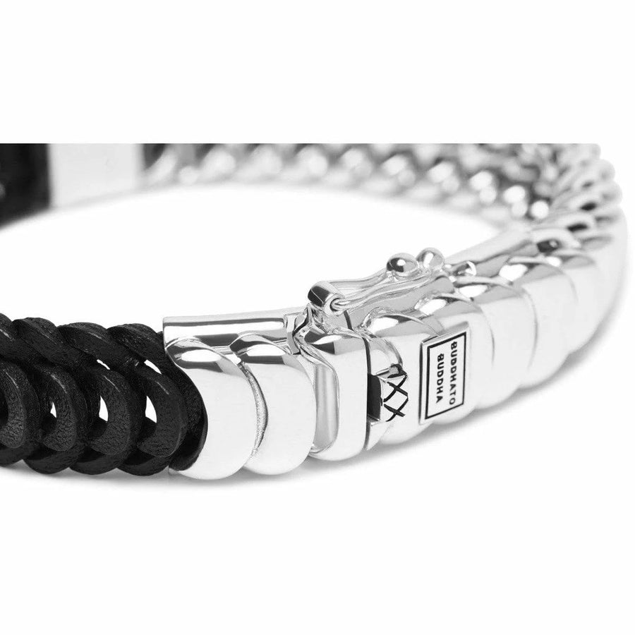 Zwart lederen Buddha to Buddha armband met stalen sluiting