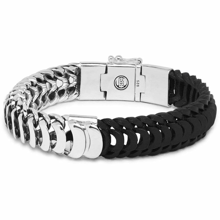 Zwart lederen Buddha to Buddha armband 123 met zilveren weefsel en stalen sluiting