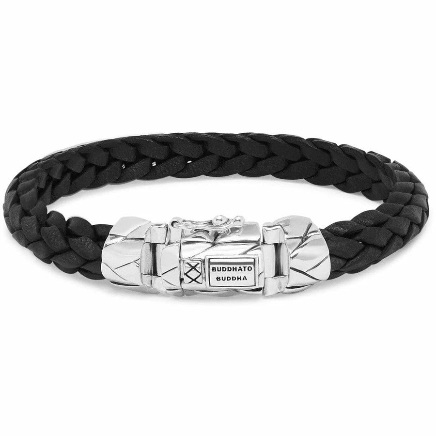 Zwarte gevlochten leren Buddha to Buddha armband 126BL met zilveren sluiting en gegraveerde tekst