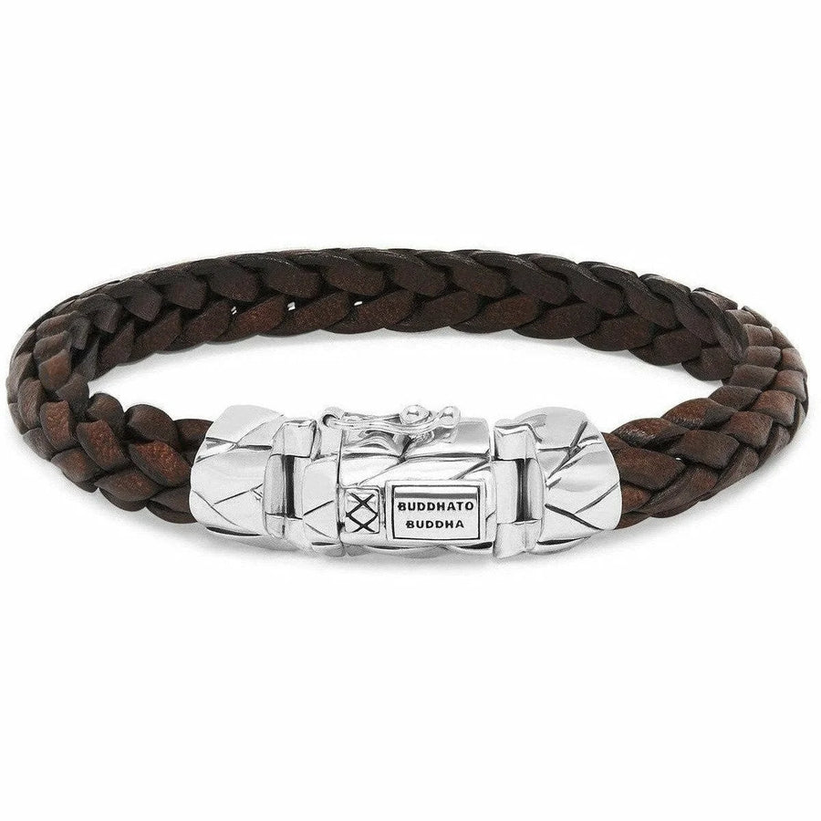 Bruine gevlochten leren Buddha armband 126BR met zilveren sluiting en gravure Buddha to Buddha