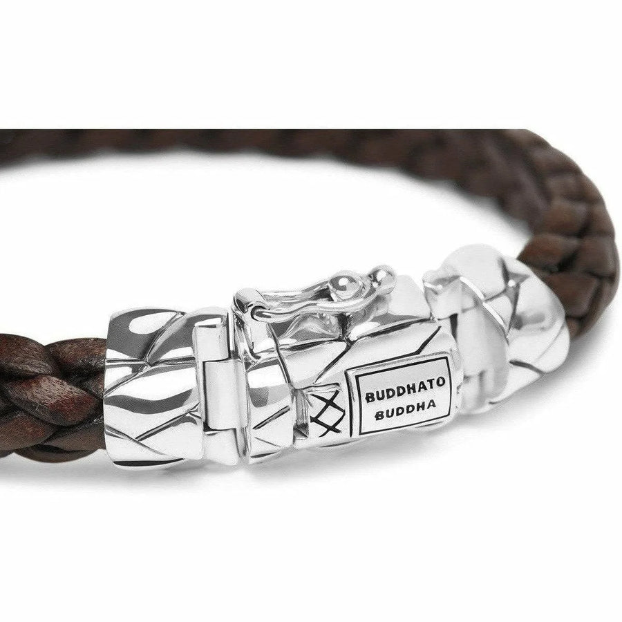 Zilveren skull armband met bruin leren koord en Buddha to Buddha logo, 126BR