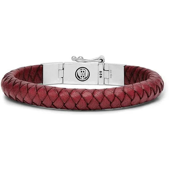 Gebreide rode leren Buddha armband 180RD met zilveren sluiting