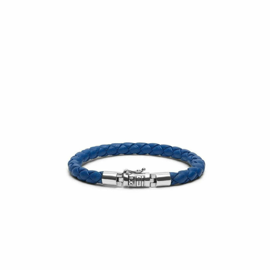 Blauwe gevlochten leren Buddha armband J545BL met zilveren sluiting en hanger