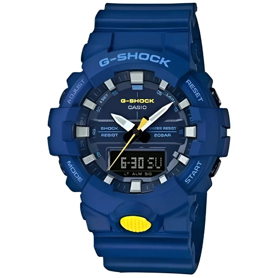 Blauwe Casio horloge GA-800SC-2AER G-Shock met digitaal-analoog display en gele accenten