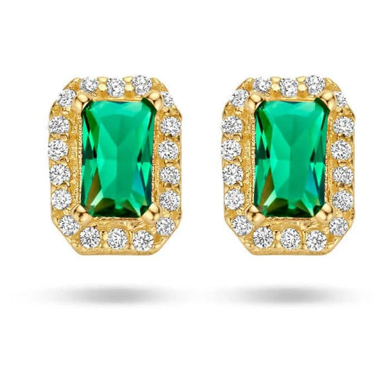 Gouden oorknoppen groen en wit zirkonia halo