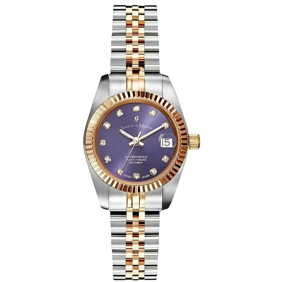 Twee-tijdige gouden en zilveren Jacques du Manoir dameshorloge NRO.42 met paarse wijzerplaat en diamantaccenten
