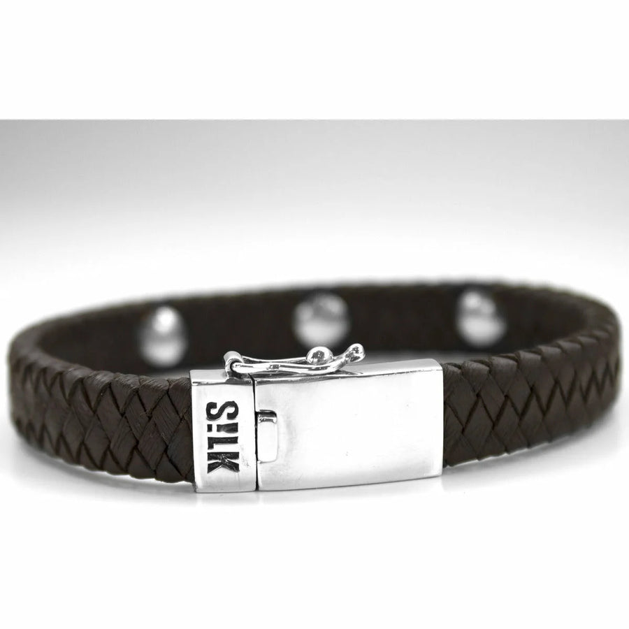 Bruine geweven leren armband Silk Armband 850-18 met zilveren sluiting en Silk logo