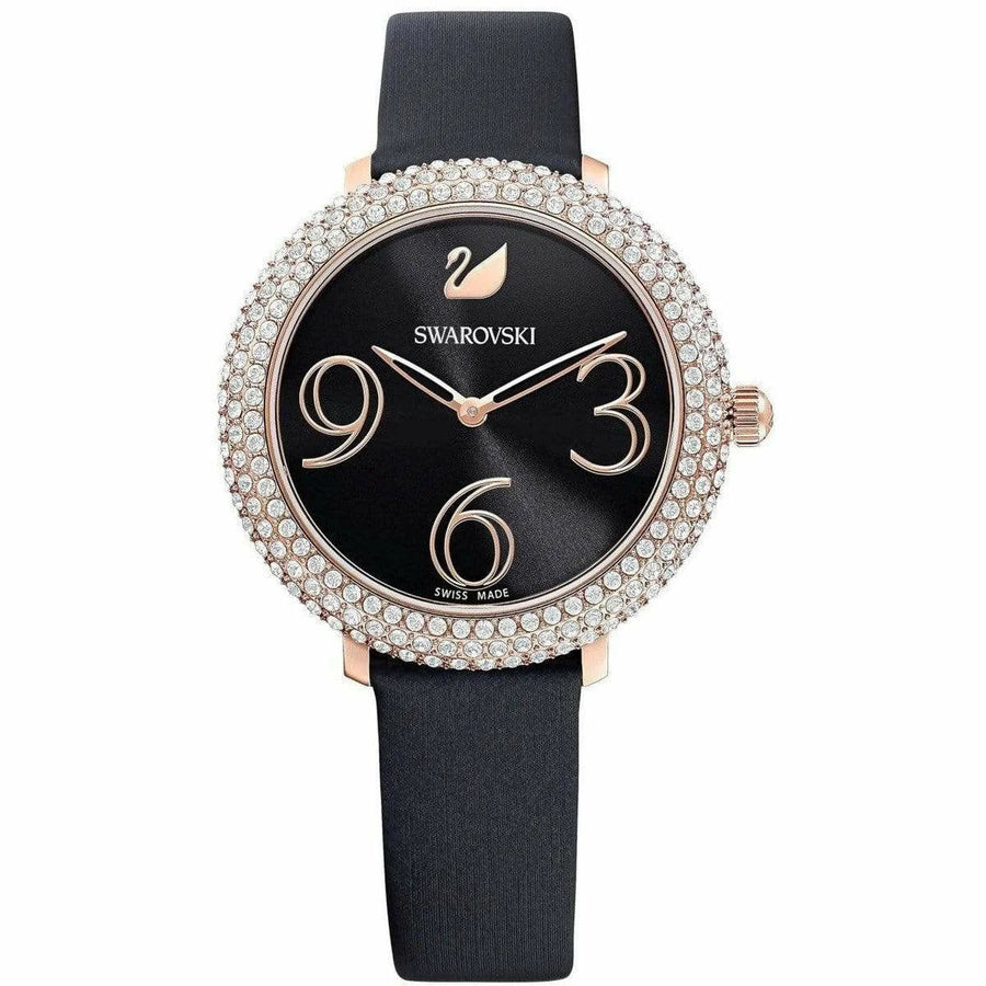 Zwarte Swarovski horloge met lederen band en kristal bezel